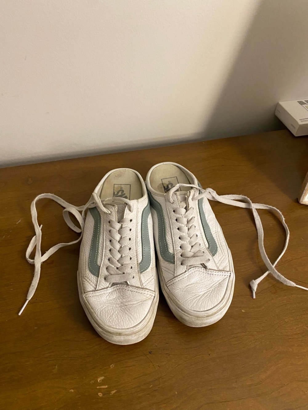 Vans White Leather Slip ons open back mule with Sage Green Side Stripe